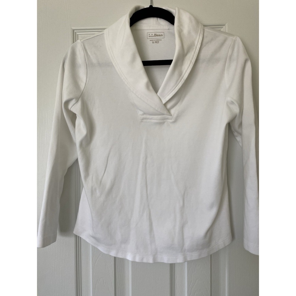 L.L. Bean White Long Sleeve‎ Shawl Collar Pullover Top Size Small Petite S PET